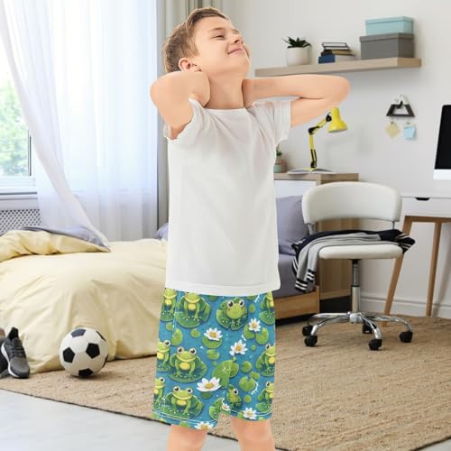 Boys Athletic Shorts with Pockets Green Frog Lotus Running Basketball Shorts for Youth Elastic Waist Size 7-83