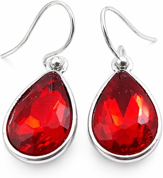 July Birthstone Drop Earrings – Red Teardrop Crystal in Silver Bezel, Sterling Silver Ear Wires, Handmade Gift