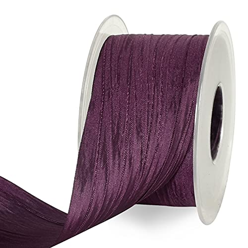 TONIFUL 2 Inch x 25 Yards Wide Purple Crinkled Ribbon Silk-Like Wrinkled Ruffled Woven Solid Ribbons for Crafts Floral Bouquets Rustic Wedding Decorations Gift Wrapping Packaging Valentine's Day