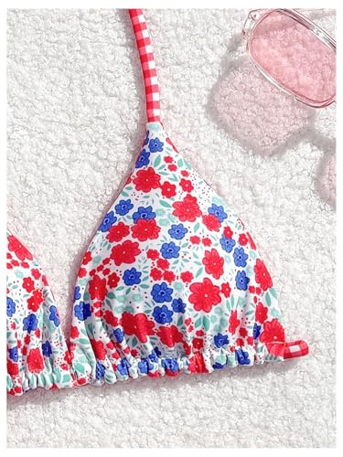 Image of RoseSeek Girl's 2 Piece Swimsuits Floral Gingham Halter Triangle Wireless Bikini Bathing Suit
