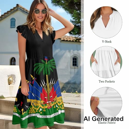Image of Womens Summer Dress Ruffle Sleeve V Neck Dress Casual Fit Flowy Beach Vacation Sundress with Pocket S-2XL