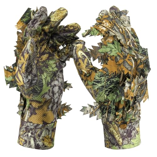 Avizon 3D Leafy Gloves for Hunting, Anti-Slip Camo Fishing Gloves, Breathable, One Size
