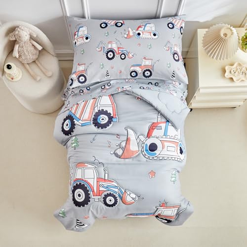Image of Construction Toddler Bedding Set for Boys,4 Pieces Gray Toddler Comforter Set,Truck Vehicles Excavator Cars Printed,Soft Crib Bed Sheets Set Includes Comforter,Flat Sheet,Fitted Sheet and Pillowcase