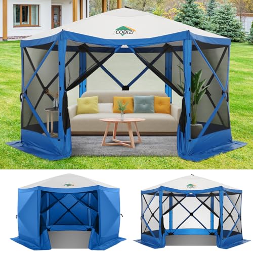 COBIZI 12x12 Pop up Canopy Tent, Gazebos on clearance with 5 removable sidewalls & mosquito net for Camping, Outdoor patio screened gazebo, Portable Hub Tent with Carrying Bag & Stakes, Blue(Upgraded)