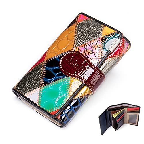 Women Multicolor Wallets Genuine Leather Card Holder Organizer Purses Model Stitching Bag Wallet with Flap Phone Clutch Large Long Purse
