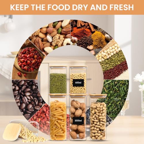Barattoli di Cucina in Vetro, Set di 6 Barattoli in Vetro Borosilicato, 600ml e 1000ml Barattolo Vetro con Coperchio, Barattolo e Contenitori con Etichette, per Pasta, Zucchero, Caffè, Spezie - immagine 6