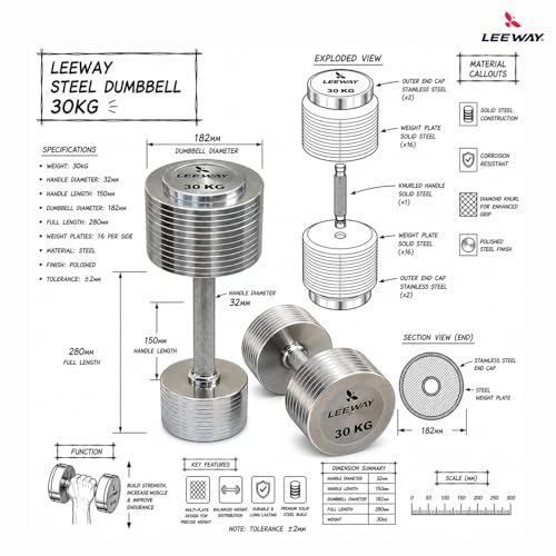 Image of Leeway Steel Dumbbell Set 30 Kg x 2 | Chrome Dumbbells for Home Gym | Rust-Resistant Non-Slip Grip | Strength Training Metal Dumbbell Set | Iron Dumbell | Round Dumble | (30kg X 2 = 60kg)