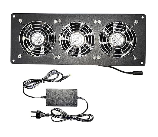 Fourdot Cabinet Cooling Fan System 12 inches Triple Cooling Fan Module with adapter for Almirah, Enclosures Panel Mount with Black Plastic Grill-image-0