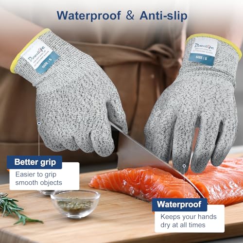 Image of Dowellife Level 5 Cut Resistant Gloves with Silicone Coating, Food Grade Kitchen Knife Safety Gloves, Work Gloves for Chef, Mandoline Oyster Shucking Meat Cutting Wood Carving (Gray Small)