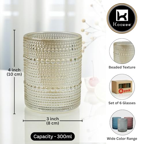 Image of Kookee Jupiter Vintage Hobnail Bubble Glass Old Fashioned Whiskey Tumbler Set of 6 | Cocktail, Scotch, Bourbon | Textured Barware Glasses Set, 300ml (12226)