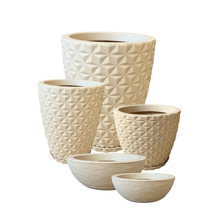 Kit 5 Vasos Para Planta ou Flor Casa Jardim Em Polietileno Diamante 3D e Bacias N&ordm;1 N&ordm;2 (Bege)