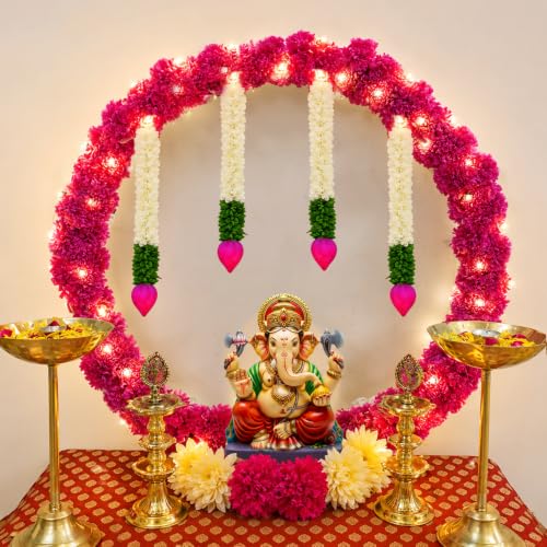 Image of SpecialYou Ganpati Decoration Setup for Home with Round Backdrop Stand, 4 Lotus Bud Hanging & Pink Marigold Garlands for Decor | Ganpati Decoration Stand for Home | Ganapati Decorations Item- 10Pcs
