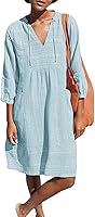 Lafural Women's V-Neck 100% Cotton Loose Shift Tunic Dress with Pockets, 3/4 Sleeve Summer Vacation Smock