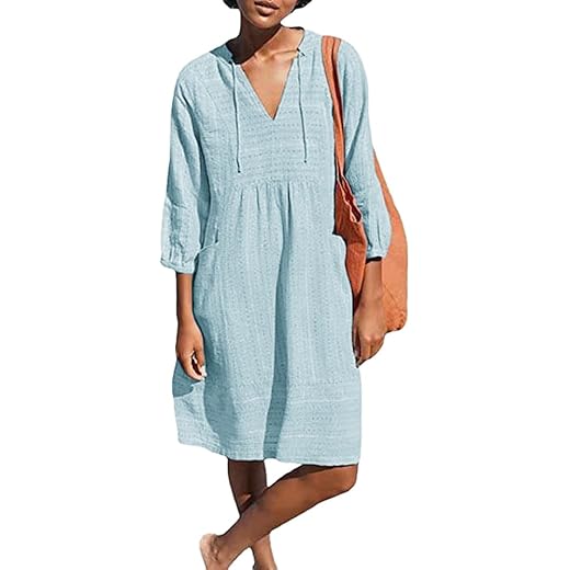 Lafural Womens V Neck Cotton Casual Loose Shift Tunic Smock Summer Dresses Vacation Dress 3/4 Sleeve Pocket Blue M