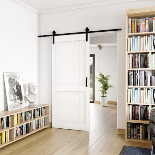 Image of 36 inch x 84 inch White Primed Sliding Barn Door with Hardware Kit Included | MDF Doors Covered with Water-Resistant Surface, Pre-Drilled Holes Easy Assembly, H-Frame