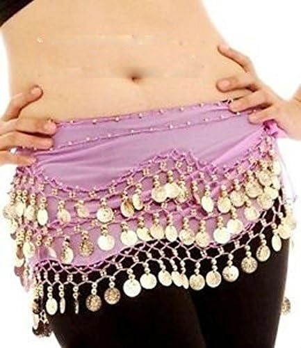 CKC 3 Rows Belly Dance Costume Belt Skirt Hip wrap Outfit Gold Coin Bead Scarf (Lilac)