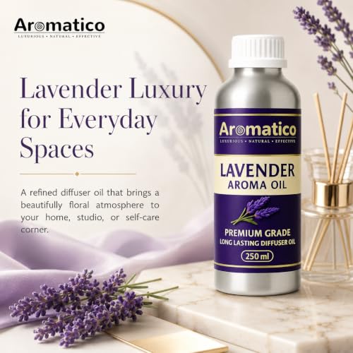 Image of AROMATICO Lavender Diffuser Oil with Strong, Long-Lasting Aroma. Premium Aroma Oil for Homes, AROMATICO Lavender Diffuser Oil with Natural Aroma for Humidifiers, Homes, Offices & Showrooms, Candle and Soap Making | Fragrance for Aromatherapy | Essential Oil for Diffuser and Aromatherapy - 250 ml