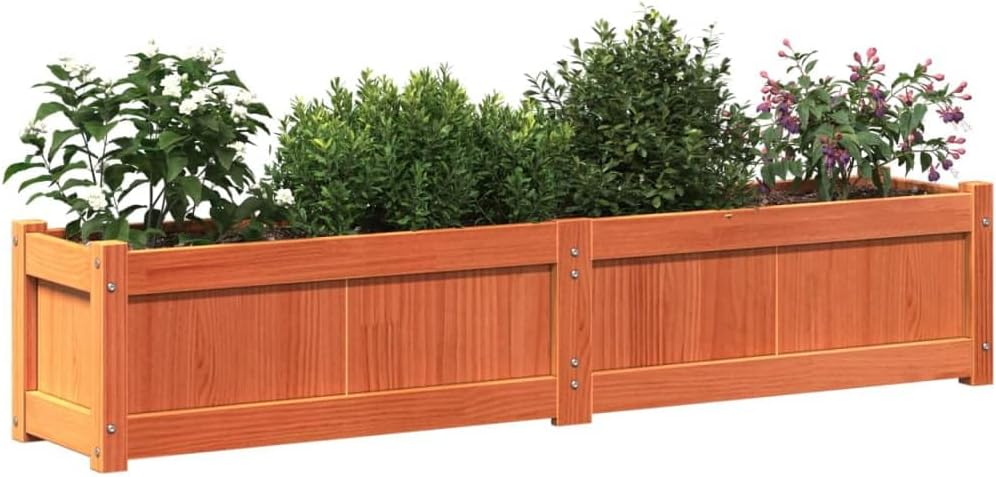 Rectangular Garden Planter, Waxed Brown Solid Pine Wood, 59.1x12.2x12.2 inch, Outdoor Raised Garden Bed for Vegetables, Herbs, Flowers