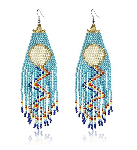 Long Beaded Tassel Earrings Classic Fringe Drop Earrings Bohemian Handmade Seed Bead Tribal Dangle Earrings