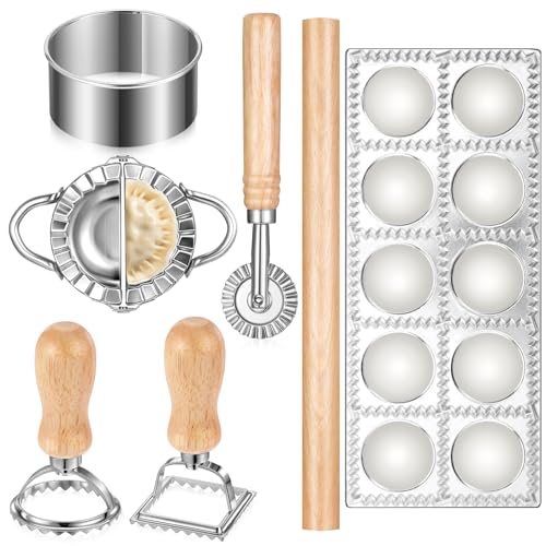 simarro 8 Pcs Ravioli Mold Set, Ravioli Cutter with Roller Wheel, Ravioli Maker Press Tools Cutter Stamp, Wood Rolling Pin, Use for Raviolis Dumplings Lasagna Dough
