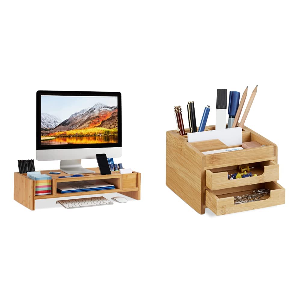 Relaxdays Monitorständer, Bildschirmständer aus Bambus, 14 Fächer, 15x65x28 cm, Natur & Schreibtisch Organizer Bambus, Stiftehalter Holz, Schreibtischbox Schubladen, HxBxT: 9,5 x 12,5 x 15 cm, Natur