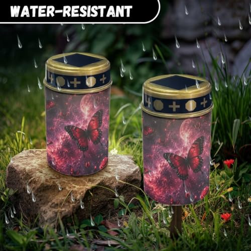 Image of Poceacles Outdoor Solar Lights Solar Grave Candle Outdoor Waterproof Cemetery LED Candles for Cemetery Lawn Porch Outside Decoration, Butterfly Rose Galaxy Moon Red, Pack of 2