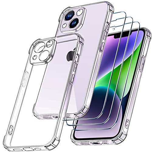 iVoler 4 in 1 Funda para iPhone 14 Plus 6.7 Pulgadas con 3 Piezas Cristal Templado, Transparente [Protección de Cámara] Carcasa Protectora Anti-Choque Case, Suave TPU Silicona Anti-arañazos Caso Cover