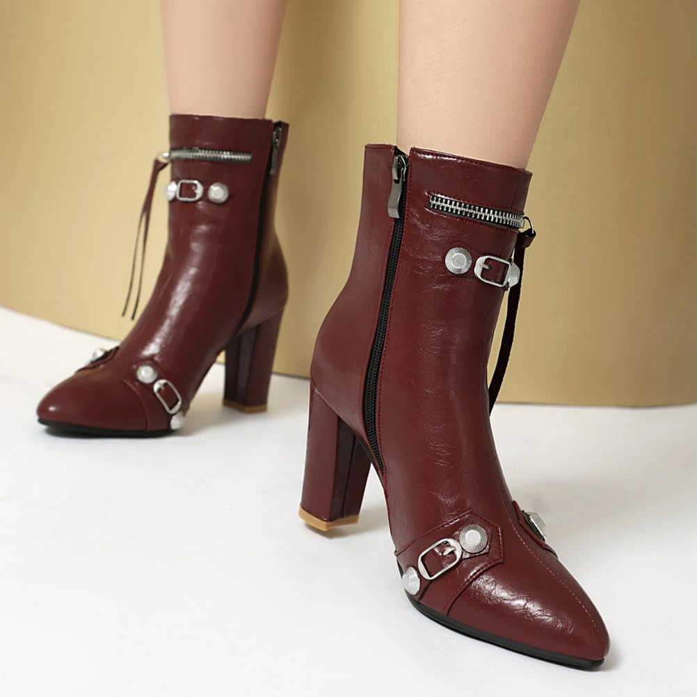 Donna Sexy Punta Appuntita Stivali alla Caviglia con Cerniera PU Cuoio Stivaletti con Rivetti Tacco Grosso Alto Chunky Stivali Punk