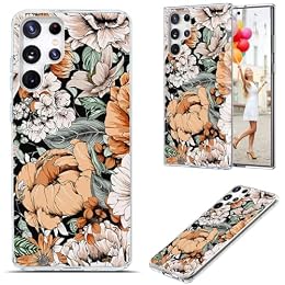 AKORAVO for Samsung Galaxy S23 Ultra Case for Girl Women Men, Full Protective Shockproof Slim Soft TPU Clear Phone Cover Cases with Design for Galaxy S23 Ultra,Beautiful Orange Flower Floral