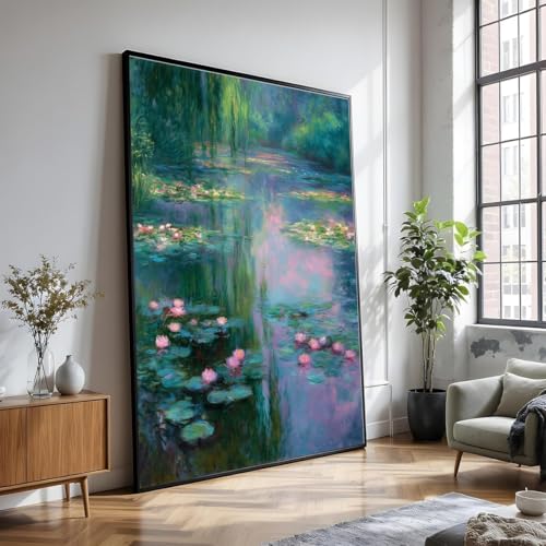 Art mural floral pour salon apaisant tableau grand format étang de nénuphars décoration zen