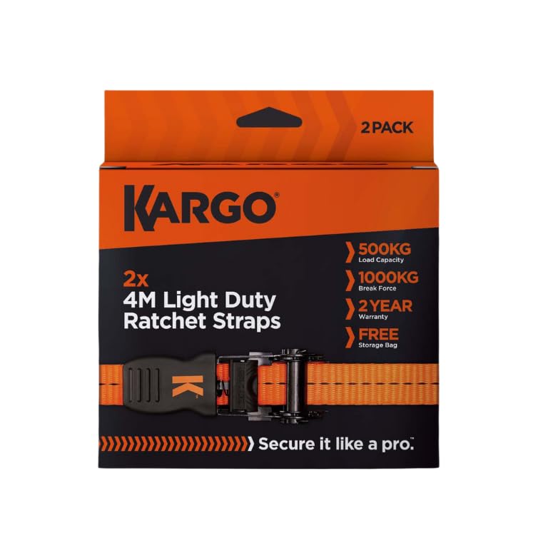 Kargo™ 2-Pack 4M Light Duty Ratchet Straps - 500kg Load Capacity Each, 25mm Webbing, Rubber-Coated Hooks, EN12195-2 Compliant