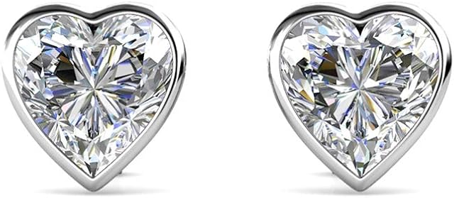 Silver Heart Small Stud Swarovski Crystal Earrings - Rhodium Plated for Women's or Girl's Gift