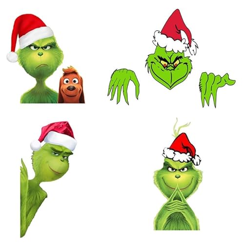 Miaija 4 calcomanías de Grinch para coche, diseño de monstruo verde de Navidad, divertidas calcomanías para parabrisas de coche, decoración de dibujos animados para suministros de fiesta