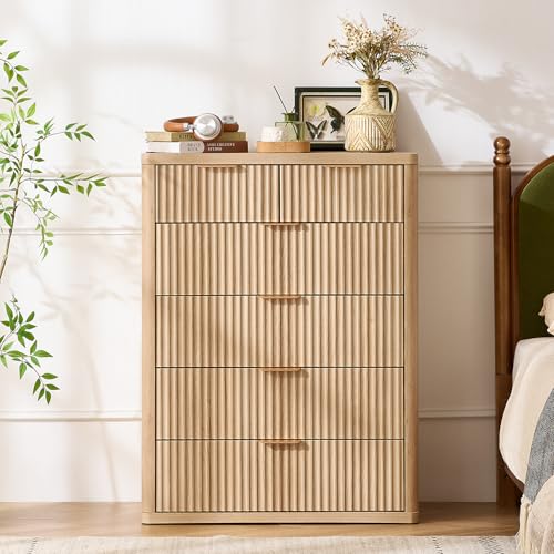 Image of LEYAOYAO Fluted 6 Drawers Dresser for Bedroom Set of 2, 42 inch Tall Modern Chest of Drawers with Metal Handle, Curved Profile Design,Wood Drawer Organizer for Bedroom,Living Room,Hallway,Natural