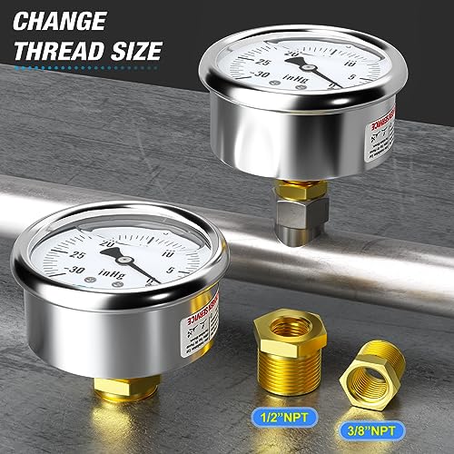 Image of MEANLIN MEASURE -30inHG~0Psi Stainless Steel 1 /4 inch NPT 2.5 inch FACE DIAL,Vacuum Liquid Filled Pressure Gauge,Single Scale, Water Oil Air Back Mount, with 1 /2 inch NPT and 3 /8 inch NPT Hex Bushing