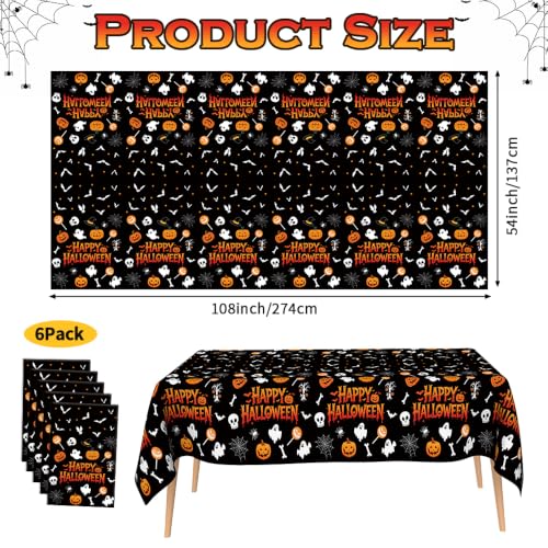 Image of Halloween Tablecloth Party Decorations - 6 PCS Happy Halloween Tablecloth Disposable, Plastic Black and Orange Pumpkin Ghost Table Cloth Cover Rectangle for Halloween Party Decor Supplies, 54 inch x 108 inch