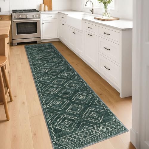 KILOCOCO Hallway Runner Rug 2'x8' Runners for Hallways Washable Runner Rug Non Slip Laundry Room Rug Low-Pile Rug Runner for Bedroom Kitchen Living Room Boho Rug, Green