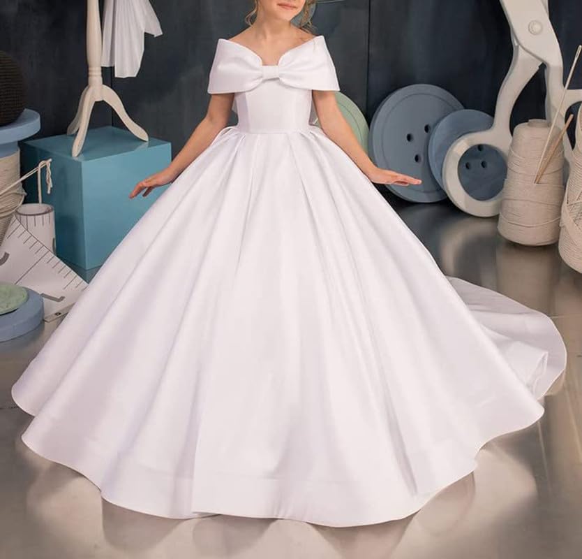 Satin Flower Girl Dress Off Shoulder First Communion Dress Long Ball Gown Dress for Girls with Bow4