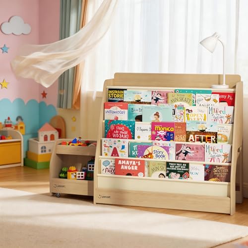 FKWin 2-in-1 Kids Bookshelf and Toy Storage 5-Tier Toddler Bookcase Set with Rolling Cart Hideable Storage for Nursery, Playroom, Classroom, Nature