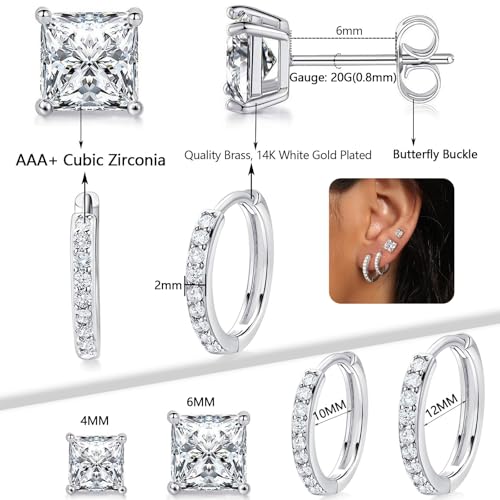 MDFUN Hoops Huggie Stud Earrings Set 14K White Gold Plated Cubic Zirconia Earring for Women Pack of 2/5 Pairs4