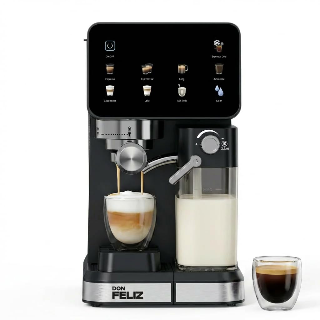 Don Feliz Cafetera Espresso Semiautomática 20 Bar 1350W con Pantalla LCD, Depósito de Leche 500ml, Depósito de Agua 1.5L, Compatible con Nespresso, Cappuccino, Americano, Autolimpieza