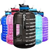 QuiFit Motivational Gallon Water Bottle - with Straw & Time Marker BPA Free Large Reusable Sport Water Jug with Handle for Fitness Outdoor Enthusiasts Leak-Proof (Black,1 Gallon)