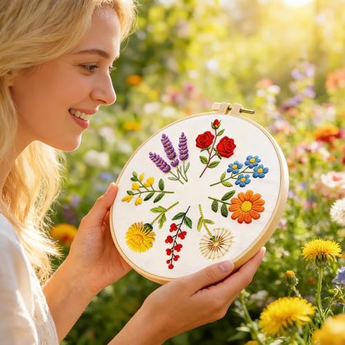 Image of BEUNITONE 6 Pack Beginner Embroidery Kit for Adults, Simple Floral Plants Pre-Stamped Pattern Starter Needlepoint Kits with Hoops & Instruction, Hand Embroidery Kits for Fabric and Home Decor 7.9x7.9