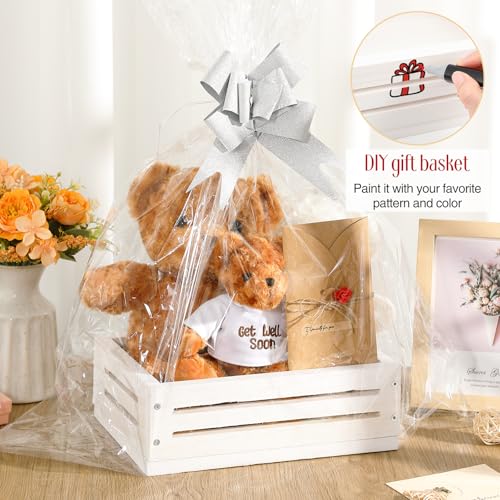 Image of Wonderjune Wooden Baskets for Back to School Gifts Empty Wood Basket with Cellophane Bag Ribbon Greeting Card for Birthday Baby Shower Wedding Housewarming Gifts Packaging(White,Small)
