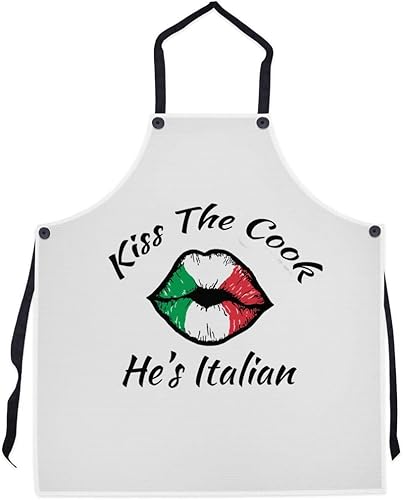 P.S. I Love Italy Delantal italiano Kiss the Cook He's - Delantal italiano para hombres y mujeres con temática italiana, Blanco