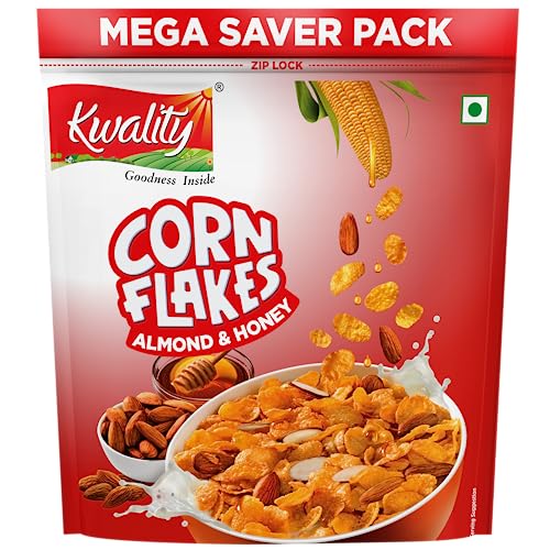 Image of Kwality Corn Flakes with Almond & Honey 1kg | Made with Golden Corns | 99% Fat-Free | High in Protein, Zero Cholesterol | Healthy Breakfast Cereal (Pack of 3)