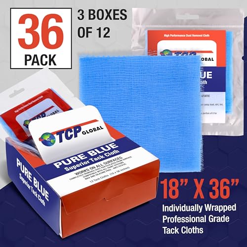 Image of TCP Global - Pure Blue Superior Tack Cloths - Tack Rags (Box of 36) - Automotive Car Painters Professional Grade - Removes Dust, Sanding Particles, Cleans Surfaces - Wax and Silicone Free, Anti-Static