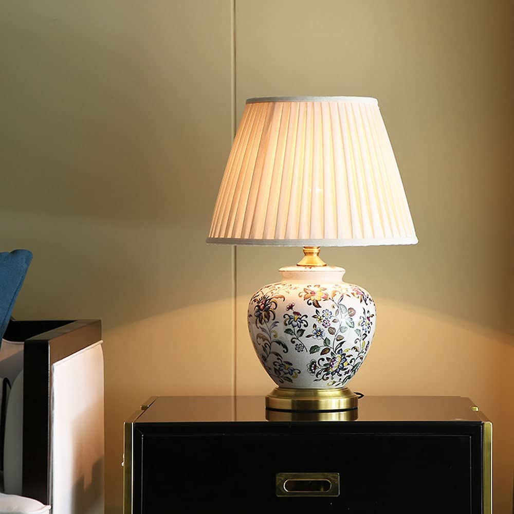 Lampka Nocna Ręcznie Malowana Kwiatowa Ceramiczna Lampa Stołowa Mosiężna Podstawa Lampa Biurkowa Z Kloszem Bębna Wystrój Chiński Tradycyjny Lampa Stołowa Lampy Stołowe (Color : A, Size : Remote cont