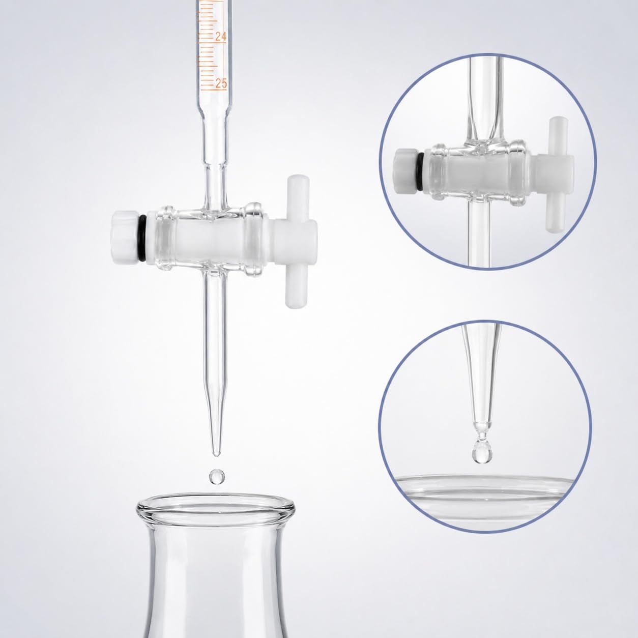 Universal-Glasbürette mit Trichter-Rand und PTFE-Hahn-50mL/0.1 | Universal-Glasbürette mit Trichter-Rand und PTFE-Ventil für Säure und Alkali