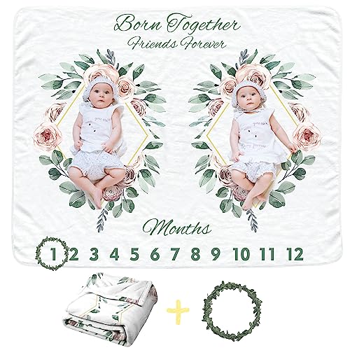 Image of Twins Baby Monthly Blanket for Girls, Newborn Age Blanket, Soft Flannel Photography Background Prop, Twin Baby Gifts, Boho Flower